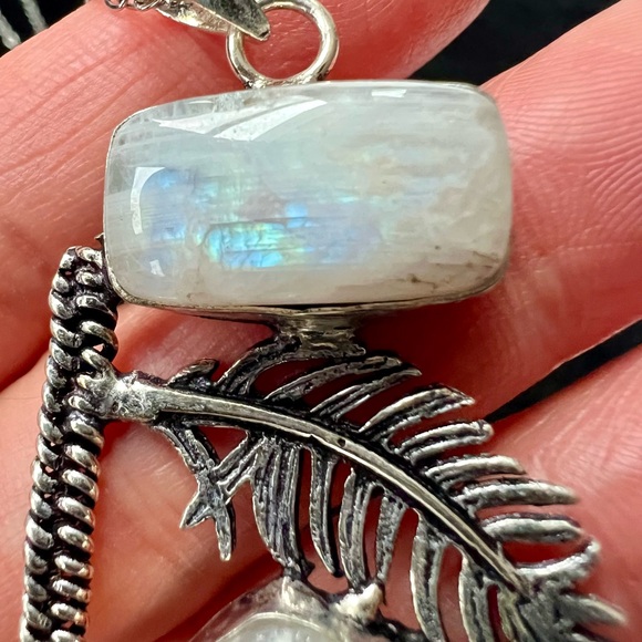 925 Double Rainbow Flash Moonstone Feather Pendant Necklace - Picture 5 of 7
